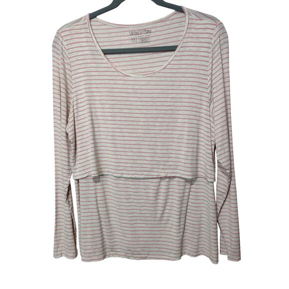 Latched Mama Sz 2X White Pink Stripe Long Sleeve Nursing Maternity Shirt Viscose - Picture 1 of 4